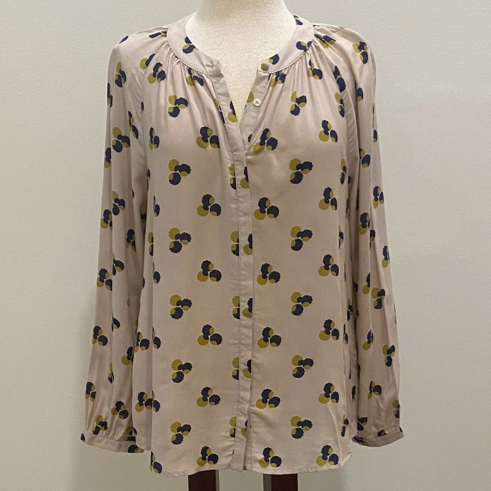 Boden Long Sleeve Gathered Neck Tan Top With Navy and Olive Dots Women's Size 8